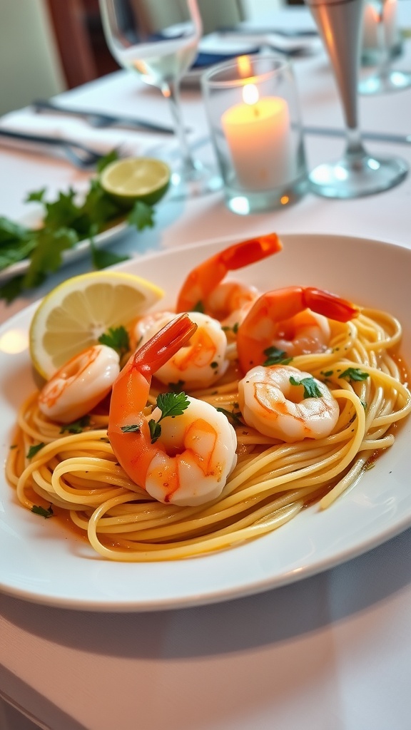 A delicious shrimp scampi dish with shrimp in garlic butter sauce over linguine, garnished with parsley and lemon.